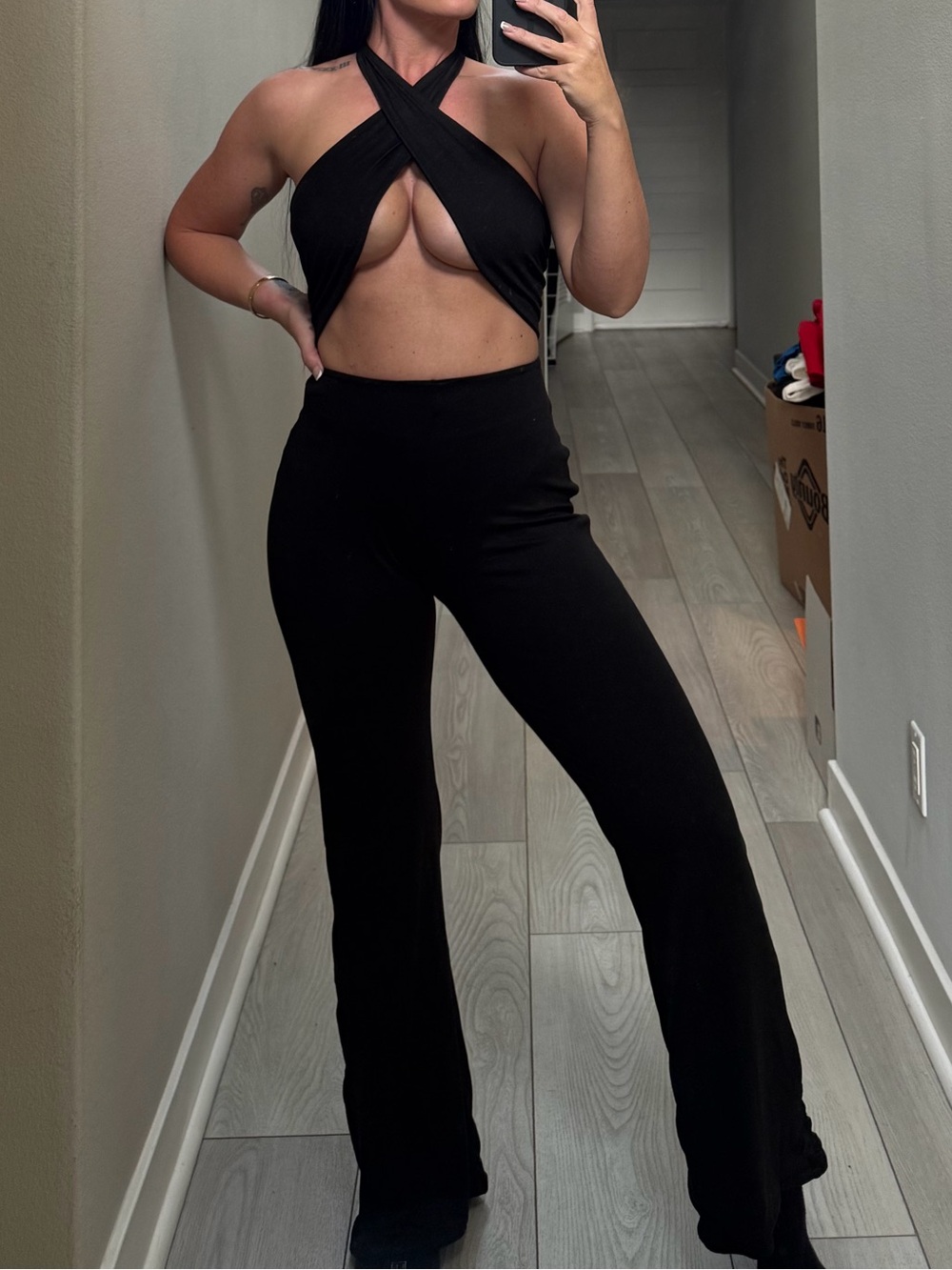 Black Wide-Leg Jumpsuit Pants with Cross Halter Top